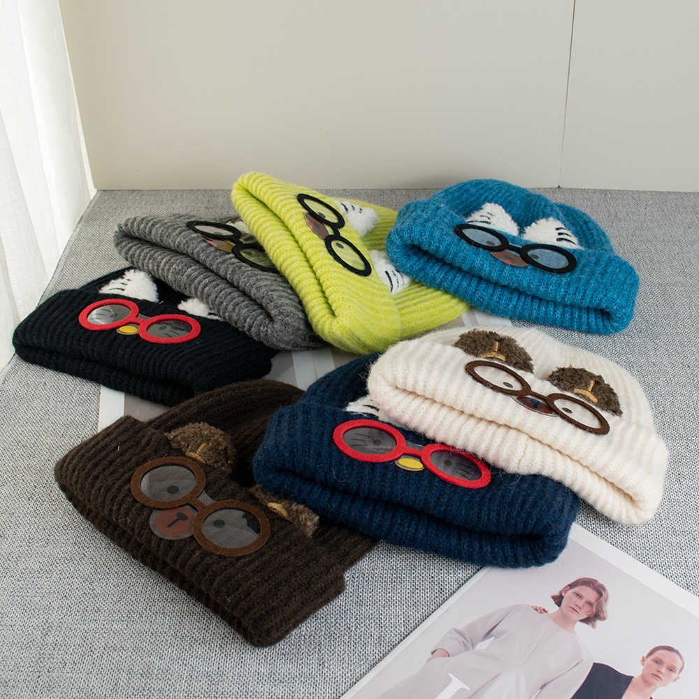 Cute Cat Ear Knitted Hat for Women Autumn and Winter Warmth Large Head Circumference Face Slimming Cartoon Cat Glasses Ear Protection Yarn Hat S260225