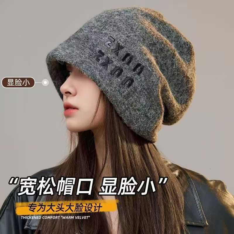 Lazy Style Gray Slouchy Hat for Women Autumn and Winter Versatile Face-Slimming Beanie Large Head Circumference Warm Headwrap Hat S260225