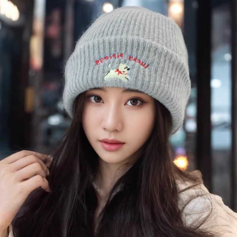 Cute puppy embroidered knitted hat warm for autumn and winter makes the face look smaller new ear-protecting woolen hat versatile cold weather hat S26
