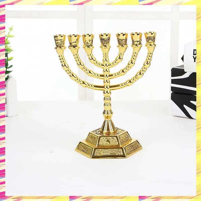 ABJJ Golden Jewish Candle-Holders Religions Candelabra Hanukkah Candlesticks 7 Branch Menorah W260226