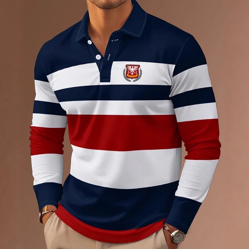 Mens Striped Rugby Long Sleeve Polo Collar Business Casual Outdoor Street Dailywear 3D Print Spring Fall Shirts Clothing 260129