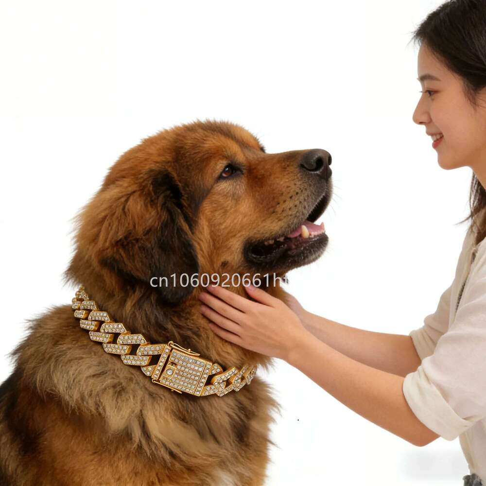 20mm Width Gold Silver Color Classic Miami Cuban Link Chain Large Dog Collar Full Rhinestones Cat Pet Jewelry Para Perros 45cm