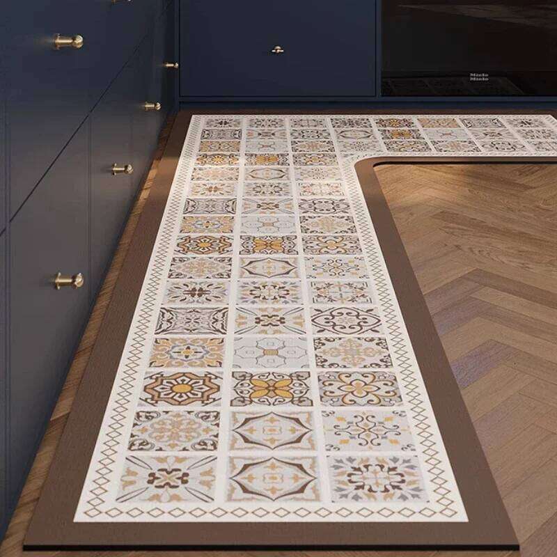 Corner L-shaped Kitchen Carpet Retro Floral Pattern PVD Floor Ethnic Style Plaid Waterproof Rug Non-slip Scrubbable Foot Mat W260226