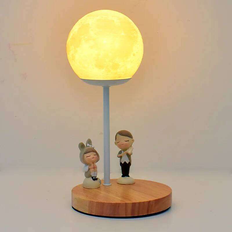Solid Wood Storage Small Table Decoration Nordic Bedside Lamp Remote Control Creative Bedroom Study Moon Night Light Sleep H260225