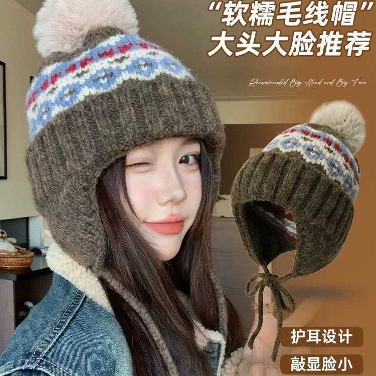 Fair Isle Hat for Women Autumn and Winter Thickened Fleece Warm Ear Protection Face Slimming Knitted Beanie Cold-Proof Lei Feng Hat S260225