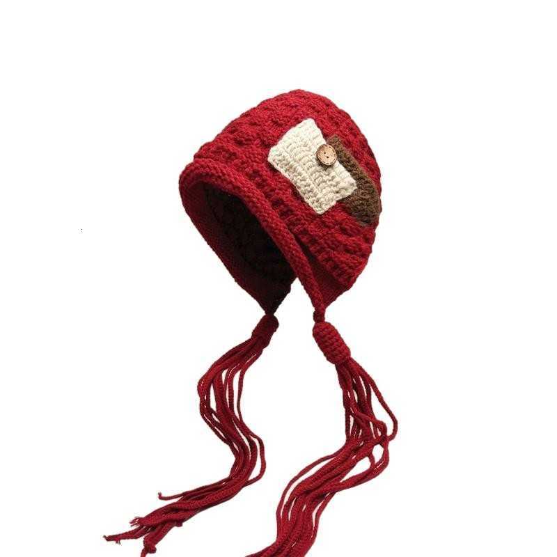New Fashion Patchwork Tassel Knitted Hat for Women Autumn and Winter Warm Wool Hat Christmas Little Red Riding Hood Korean Style Face Slimming S260225