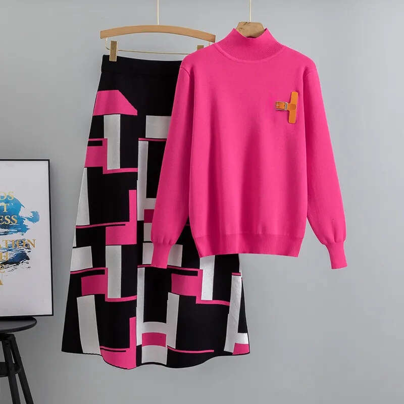 Designer Color blocked Women's Sweater and Skirt Autumn/Winter Knitted Top Two Piece Set 2026
