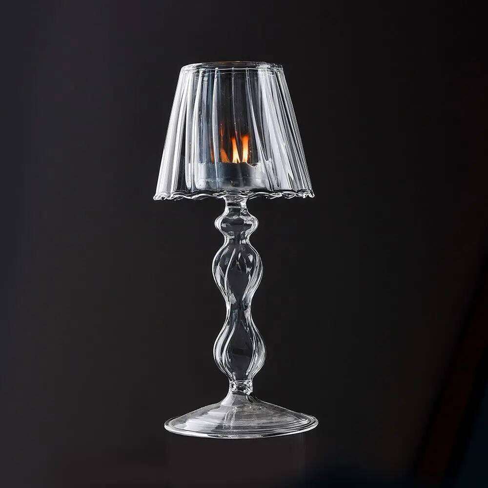 Glass High Footed Striped Candlestick Creative Delicate Lamp Shaped Candle Holder Romantic Transparent Craft Candelabra Holiday W260226