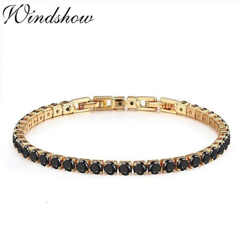 4mm 18cm Brass Gold Color Full Round Black CZ Tennis Bracelet & Bangles For Women Girls Jewelry Braceletes Pulseras Bracciali Z260225
