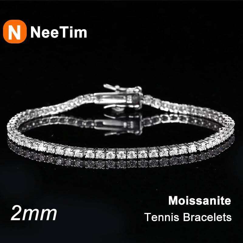 NeeTim 2mm D Color Moissanite Tennis Bracelet 925 Sterling Silver with White Gold Plated Bracelets for Women Pass Diamond Tester Z260225