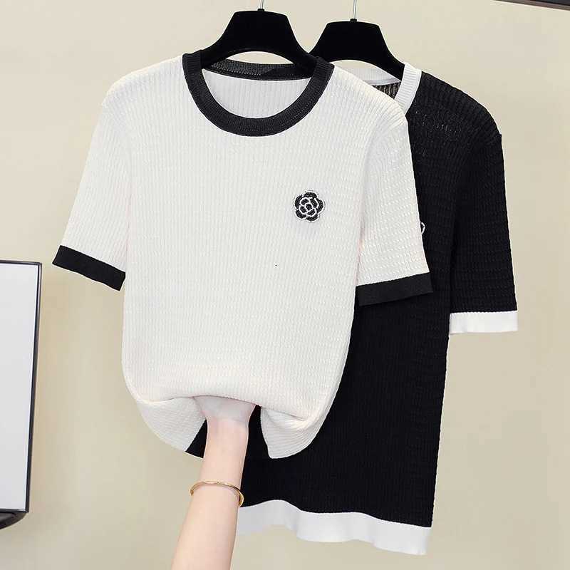 Women's Camellia Jacquard Knit Top, Contrast Trim O-Neck Short Sleeve Summer SweaterT260226