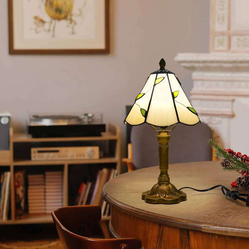 Beige Leaves Style Tiffany Table Bedside Nightstand Lights Vintage Desk Lamp Stained Glass for Living Room, Bedroom, H260225