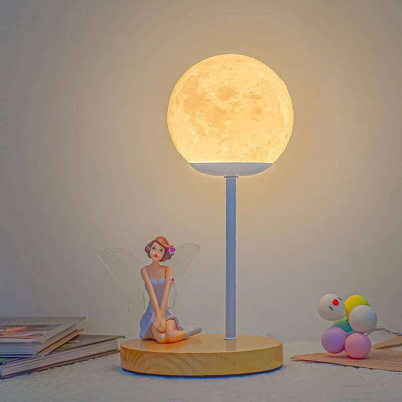 Solid Wood Storage Small Table Decoration Nordic Bedside Lamp Remote Control Creative Bedroom Study Moon Night Light Sleep H260225