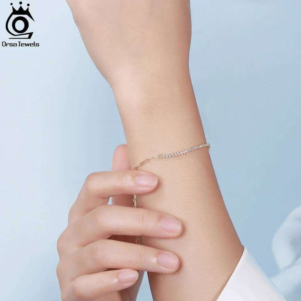 ORSA JEWELS 14K Gold Plated Paperclip Chains Tennis Bracelet For Women 925 Sterling Silver Handmade Bracelets Jewelry SB141 Z260225