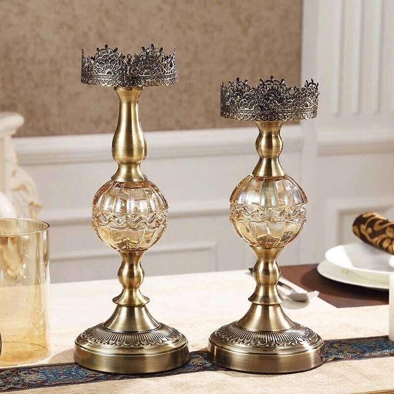 Luxury European High Table Decor Ornaments Candlelight Dinner Props Crystal Metal Candle Holders Retro Crafts W260226