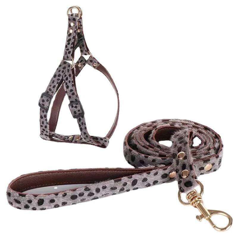 Leopard Print Harness and Leash Set Adjustable - Stylish Dog Collar Pu Fashion Pet Walking Accessories for Small Dogs