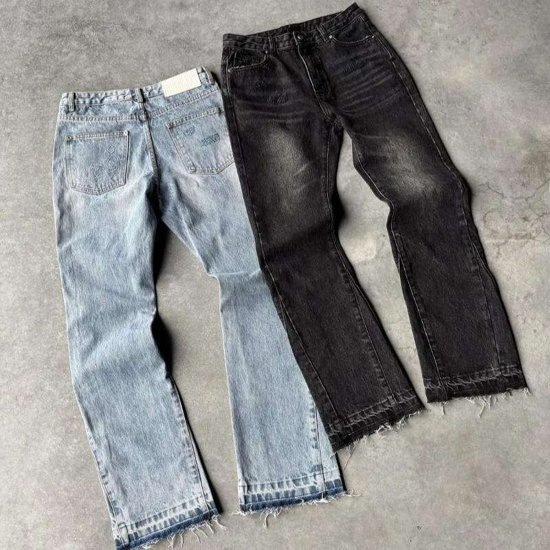 Men's Jeans Trendy Frayed Flare Distressed Wash Highlights Retro Texture Back Pocket Embroidery Enriches Layers Flared Cut For Ultimate Comfort