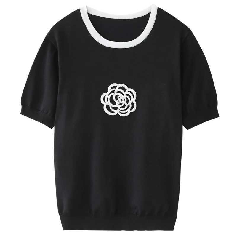 Women's Camellia Jacquard Knit Top, Elegant O-Neck Short Sleeve Versatile TeeT260226