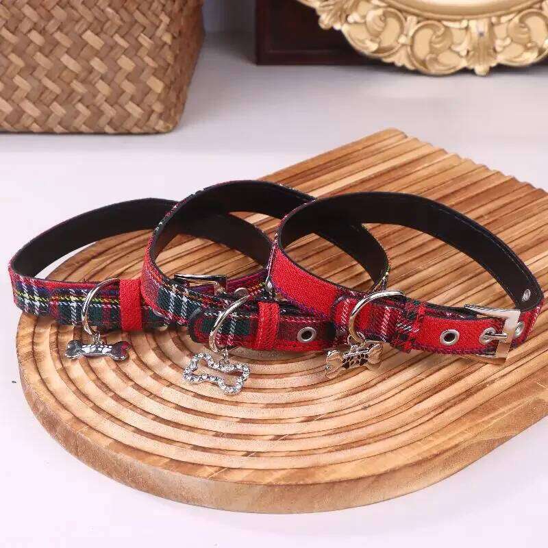 Scottish Plaid Classic Red PU Leather Earthy Yellow Twill Dog Supplies Adjustable Pet Collar