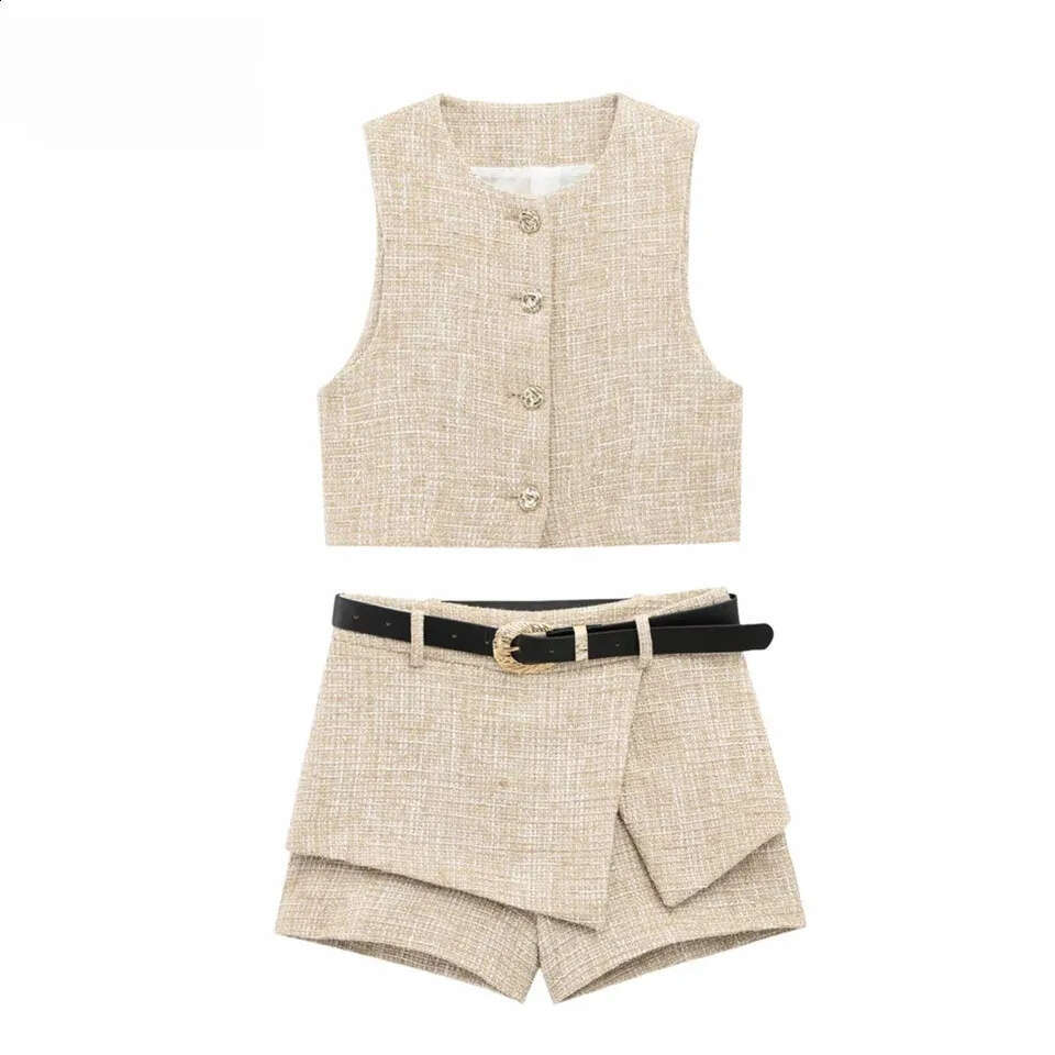 2026 Designer Women's Sleeveless Button Front Chest Tank Top Asymmetric Shorts Fashion Matching Decoration