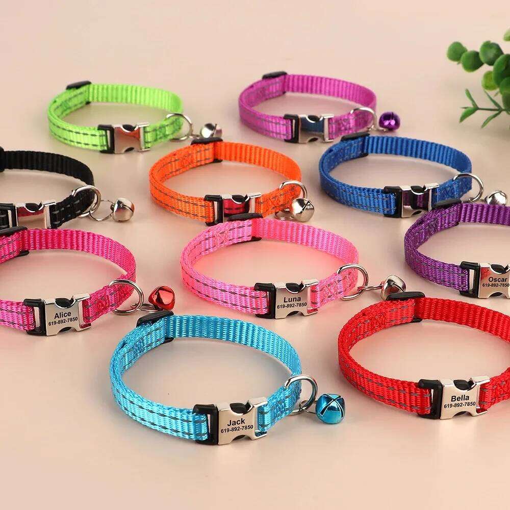 Personalized Cat Reflective Nylon Dog ID Collar With Bell Engraving Name for Small Cats Dogs Chihuahua 6 Colors