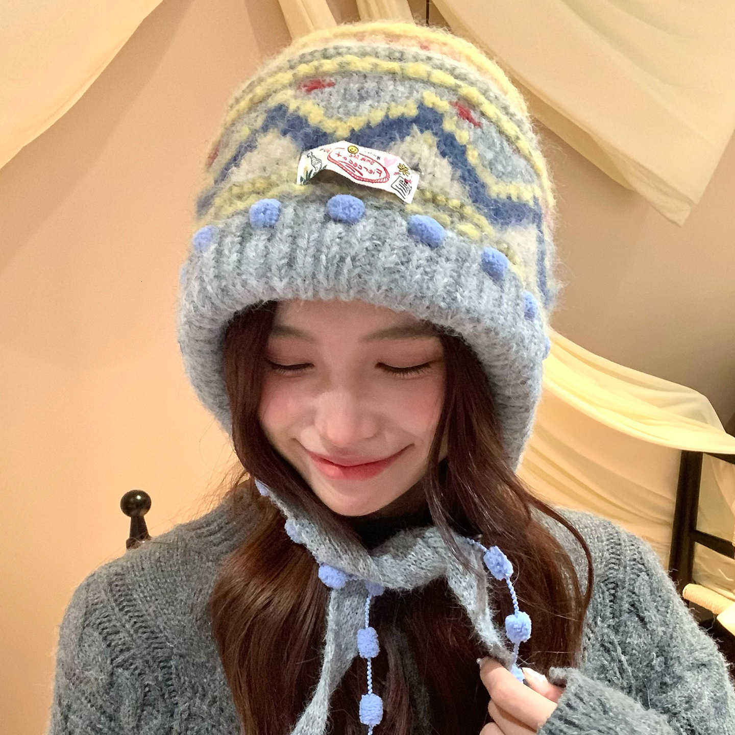 Fair Isle Knit Wool Hat for Women Autumn and Winter Warm Balaclava Thickened Ear Protection Headwrap Hat S260225