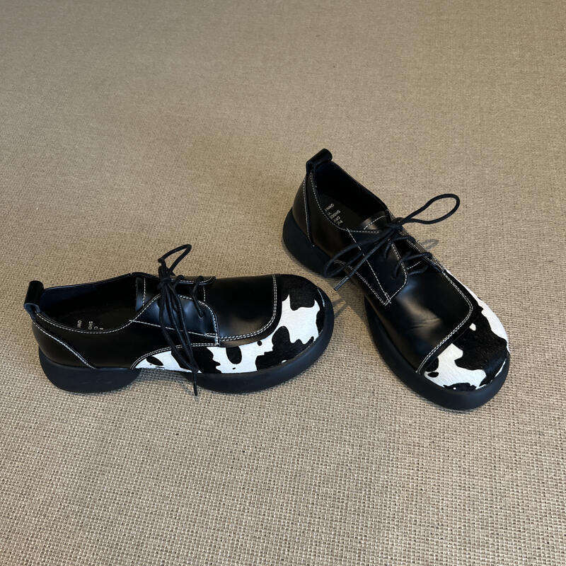 Cowhide 2025 Horsehair Niche Design Cow Color Block Lace-up Genuine Loafers Thick Sole Fashion Small Leather Shoes for Women L260226
