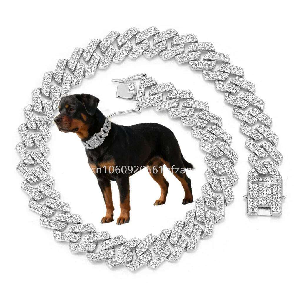 20mm Width Gold Silver Color Classic Miami Cuban Link Chain Large Dog Collar Full Rhinestones Cat Pet Jewelry Para Perros 45cm