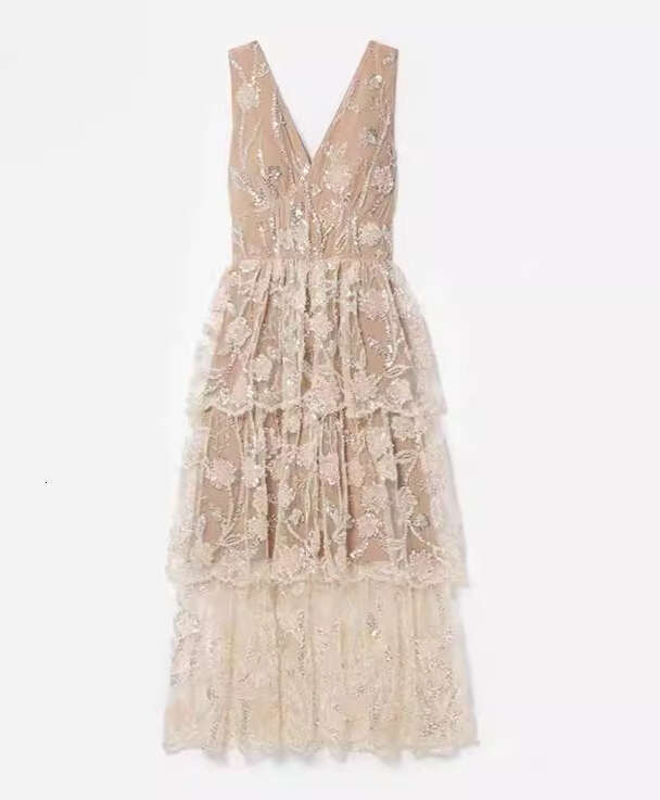 2026 new designer fashion brand elegant fairy style sleeveless V-neck sequined embroidered layered long skirt