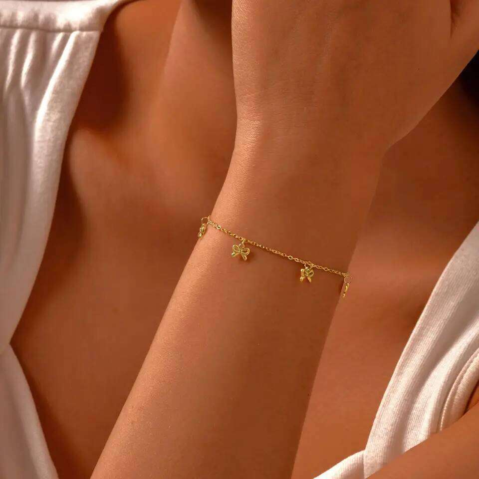 Minimalist Bowknot Bracelet for Women,Gold Color Stainless Steel Flat Rolo Chain Bow Bracelets,Trendy Waterproof Jewelry Gifts Z260225