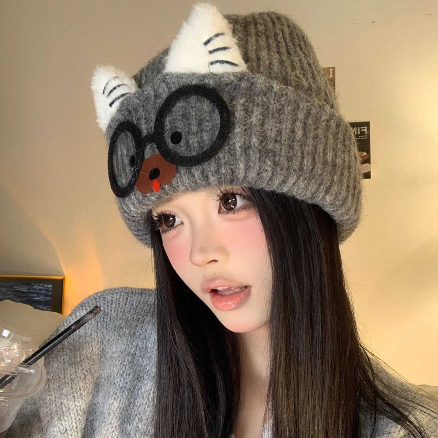 2025 New Cute Cat-Eared Knit Hat for Women Autumn and Winter Warm Ear-Protecting Anti-Cold Woolen Hat S260225