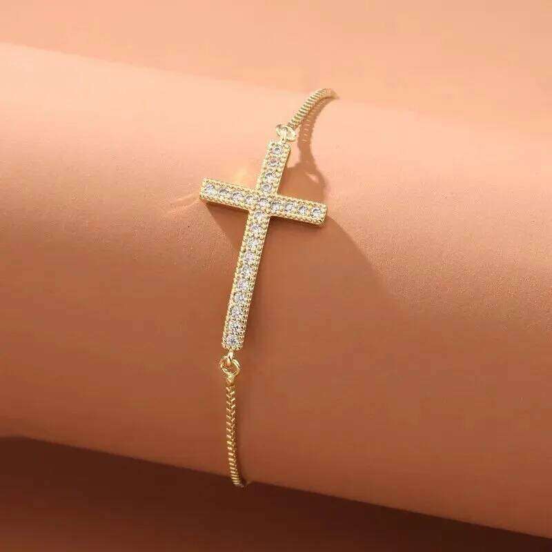 Stylish Copper Set Zirconium Cross Men's AND WOMEN'S Gold Silver Color Simple Adjustable Chain Bracelet Party Jewelry Z260225