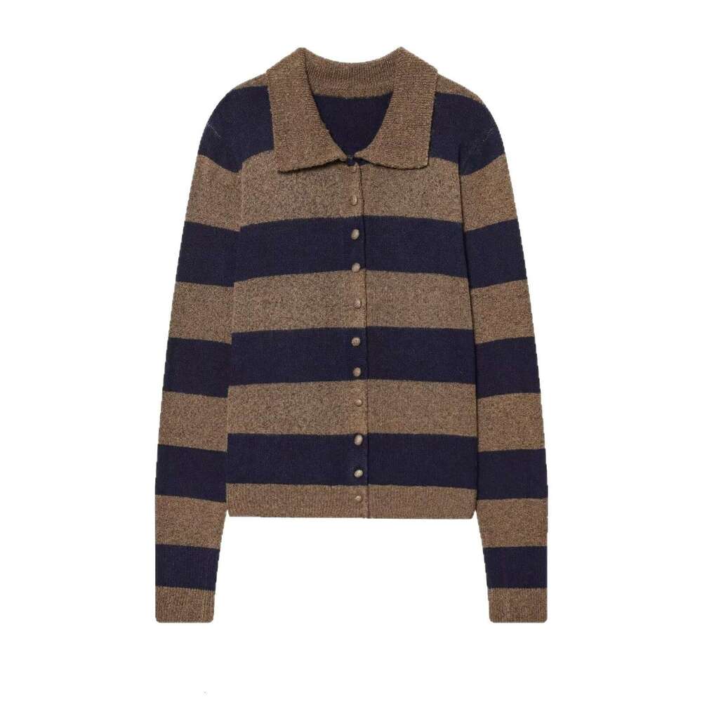 European and American style women's clothing 2026 autumn and winter new item lapel striped patch long sleeved knitted jacket for women