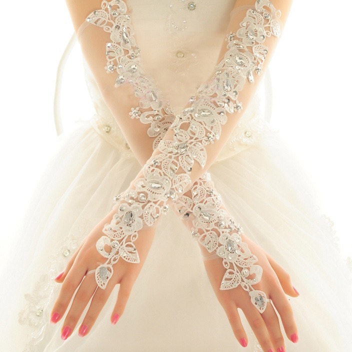 Fingerless Rhinestone Lace Bridal Wedding Gloves Long Fancy Party Wedding Opera Appliques Gloves 250408