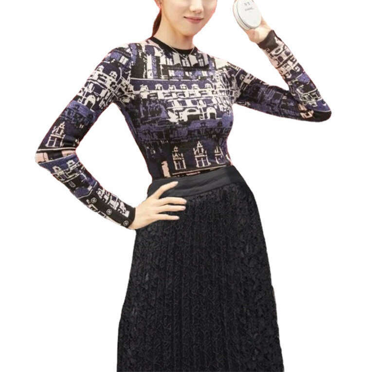 2026 Spring New European Series Celebrity Style Fashion Printed Knitted Top and Lace Horn Long Skirt Set