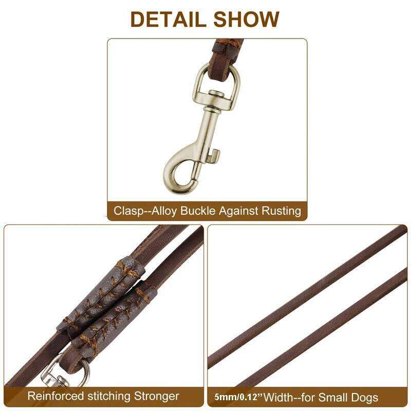 Benepaw Sturdy Genuine Leather Dog Leash Lightweight Comfortable Handle Soft Slim Pet Lead For Puppies Cats Less Than 10kg/22lbs