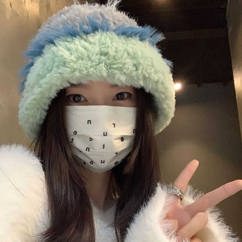 Style Plush Hat for Women Autumn and Winter Versatile Warm Ear Protection Face Slimming Knitted Cold Hat Large Head Circumference Fisherman Hat for Wi