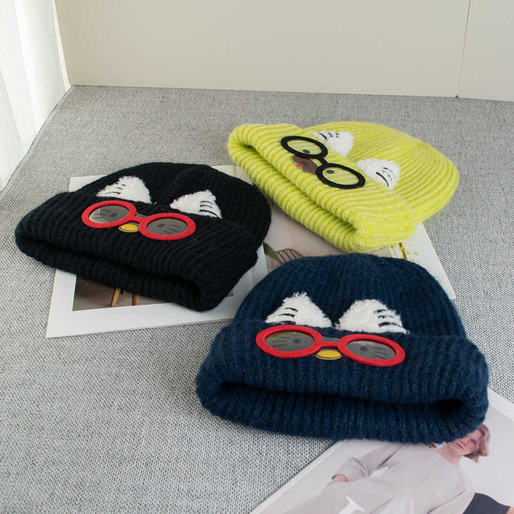 Cute Cat Ear Knitted Hat for Women Autumn and Winter Warmth Large Head Circumference Face Slimming Cartoon Cat Glasses Ear Protection Yarn Hat S260225