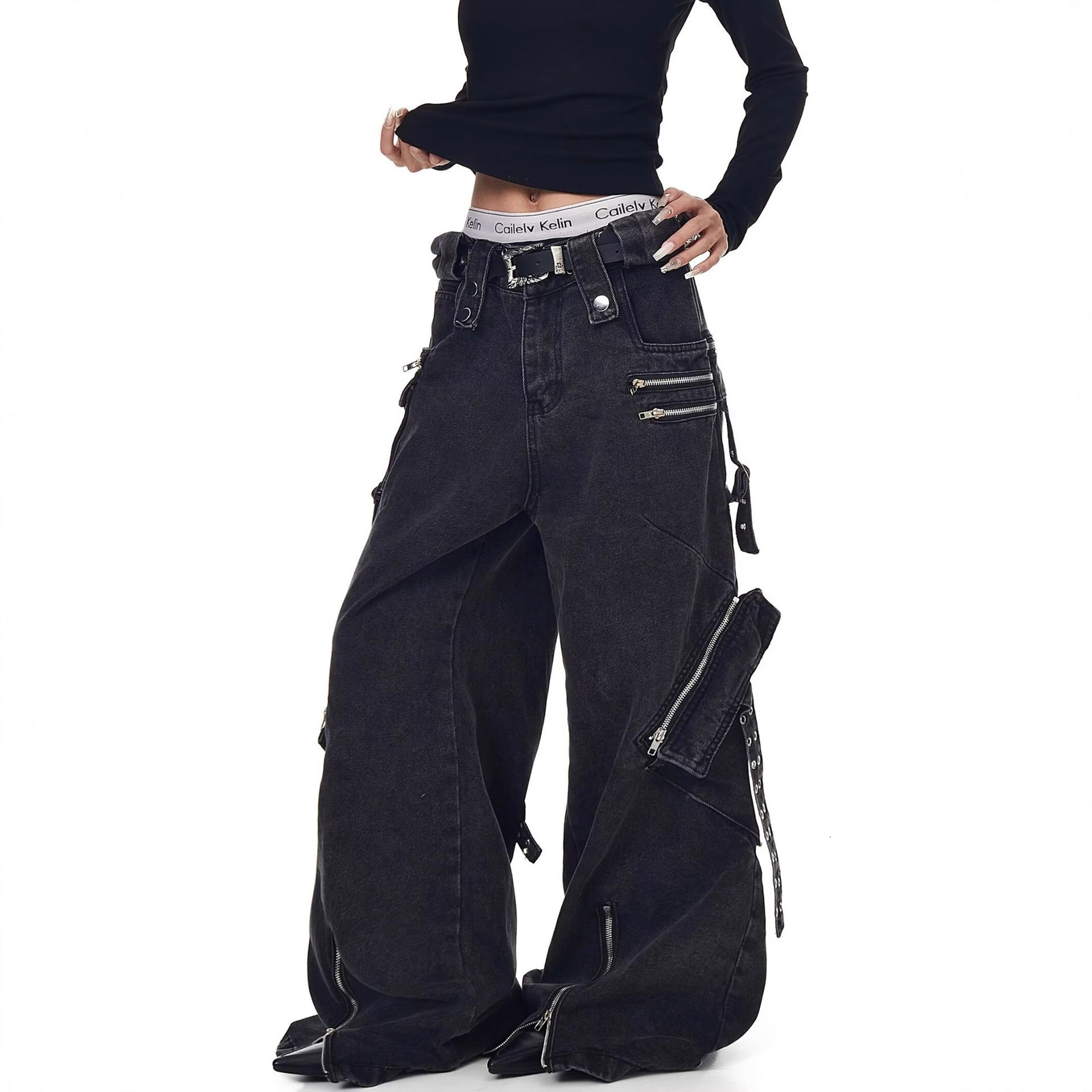 American vibe pants trendy high street brand black lace-up jeans for women straight slim-fit zippered cargo pants for spring240806