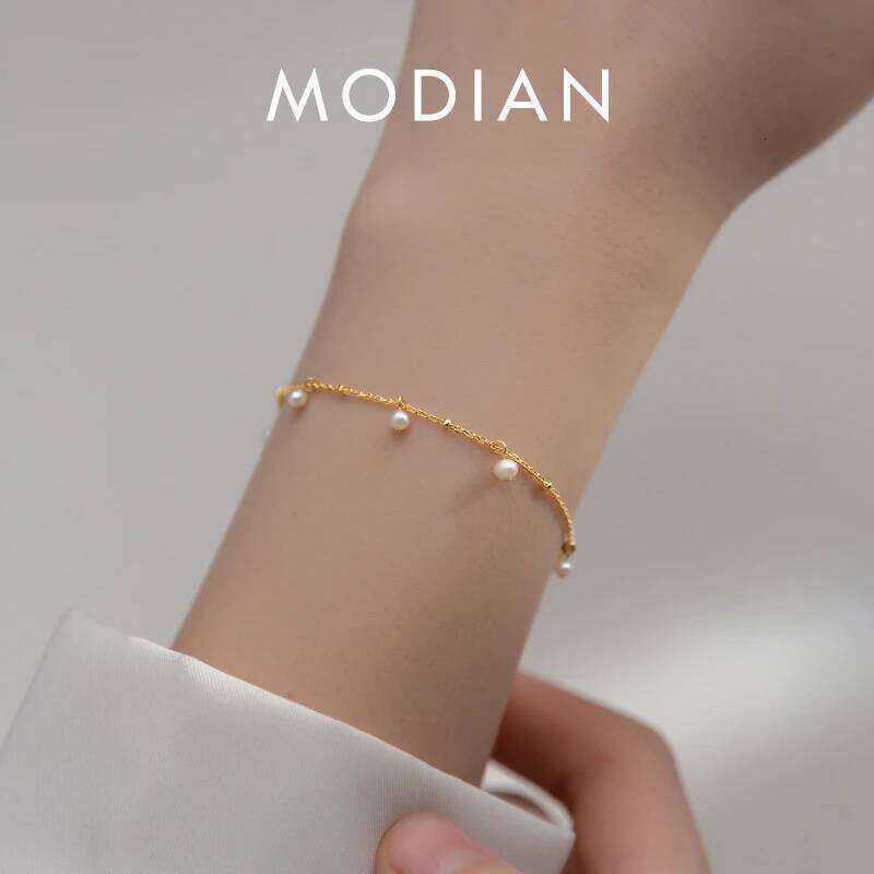 MODIAN Elegant Natural Pearl Authentic 925 Sterling Silver Link Chain Charm Pendant Bracelet for Women Fine Jewery Z260225