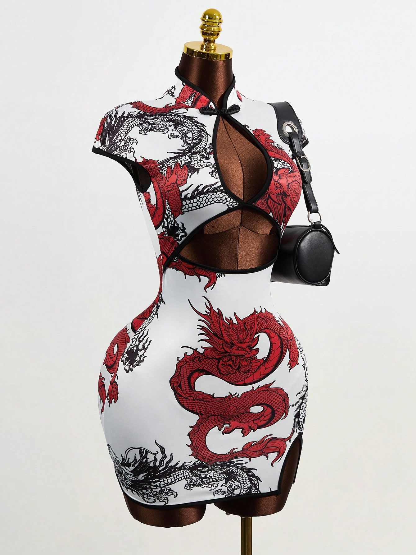 Women's Chinese Dragon Print Hollow-Out Bodycon Dress with Puff Sleeve and Button Detail