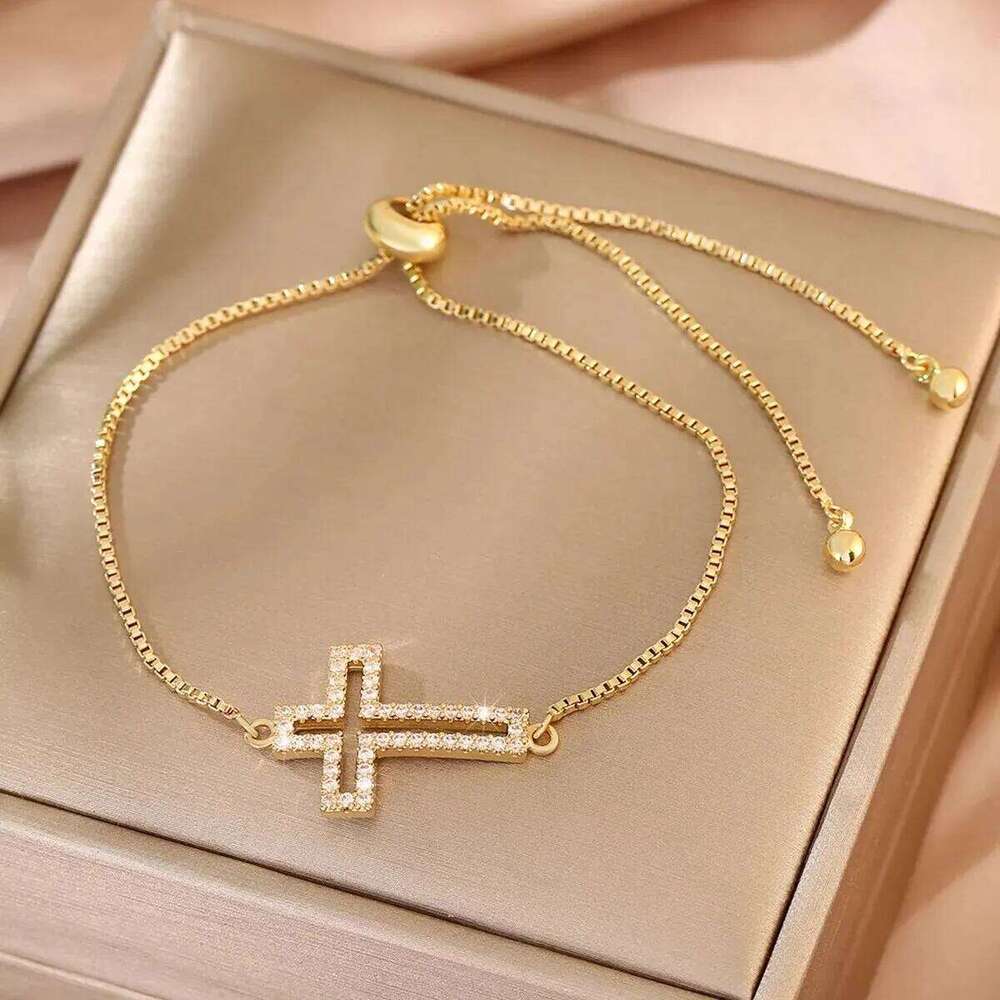 Stylish Copper Set Zirconium Cross Men's AND WOMEN'S Gold Silver Color Simple Adjustable Chain Bracelet Party Jewelry Z260225