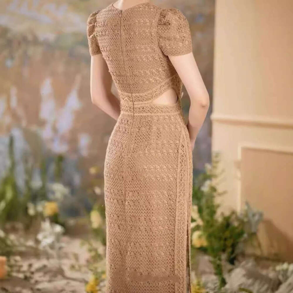 Vietnamese niche design embroidered beaded hand-woven lace trim new Chinese style high-slit cheongsam long dress