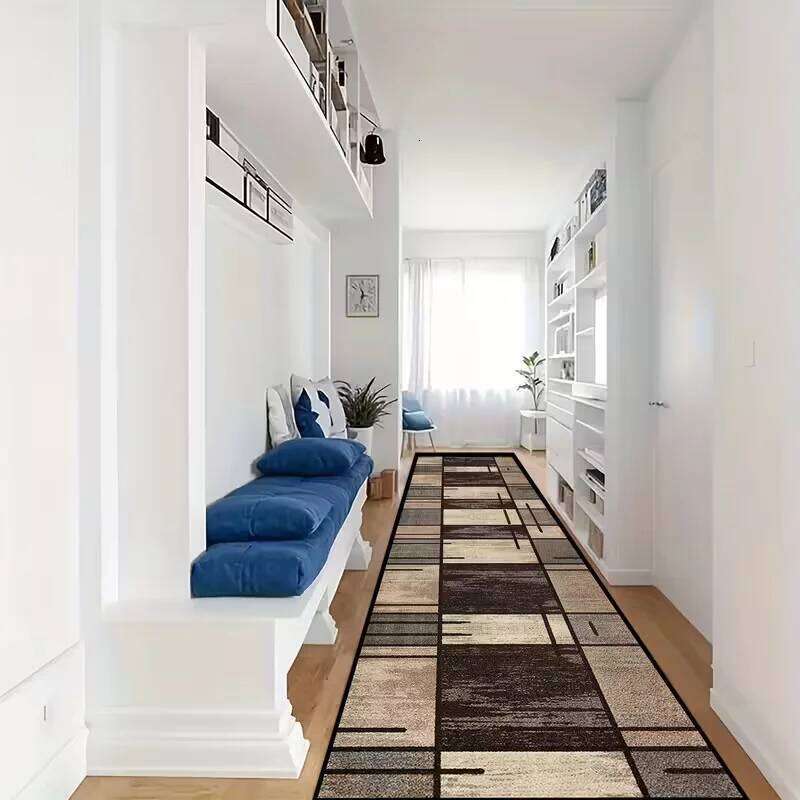 Modern Khaki Geometric Runner Carpet Dark Grey Black Pattern Long Hallway Rug Contemporary Narrow Space Floor Mat Decoration W260226