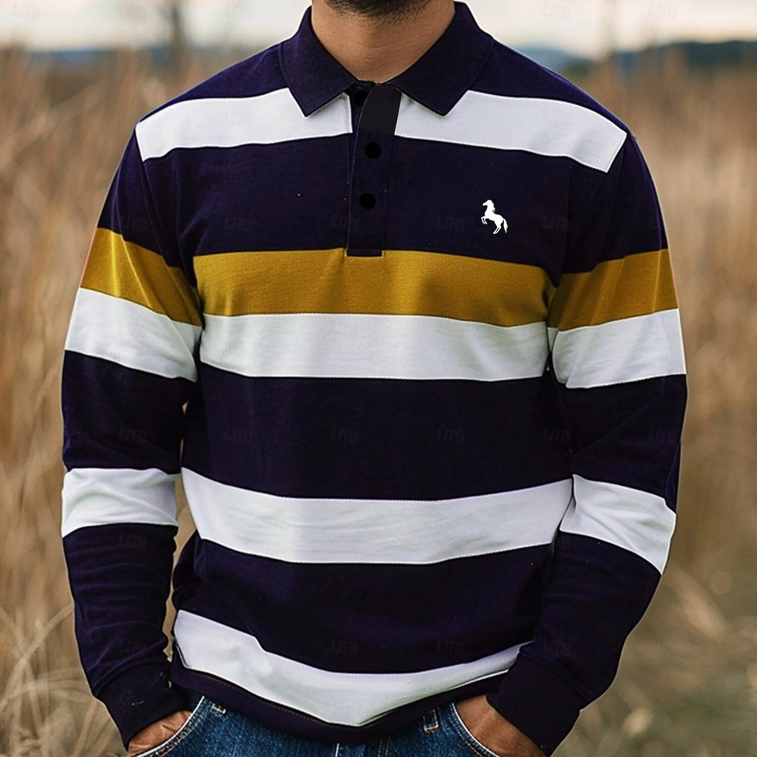 Mens Striped Rugby Long Sleeve Polo Collar Business Casual Outdoor Street Dailywear 3D Print Spring Fall Shirts Clothing 260129