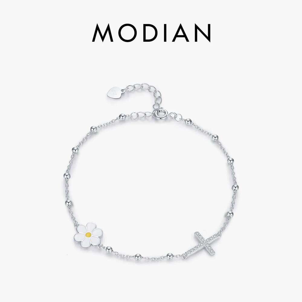 MODIAN Enamel Daisy Bracelet 925 Sterling Silver Charm Cross & Flower CZ Beads Delicate Bracelets For Women Fine Jewelry Z260225