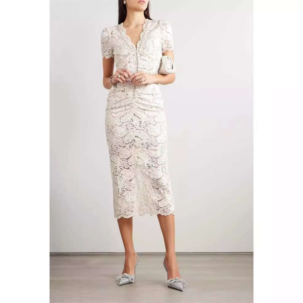 2026 Summer Fashion Elegant Lace V-neck Slim Fit Women's Midi Dress Suitable for Social Goddess