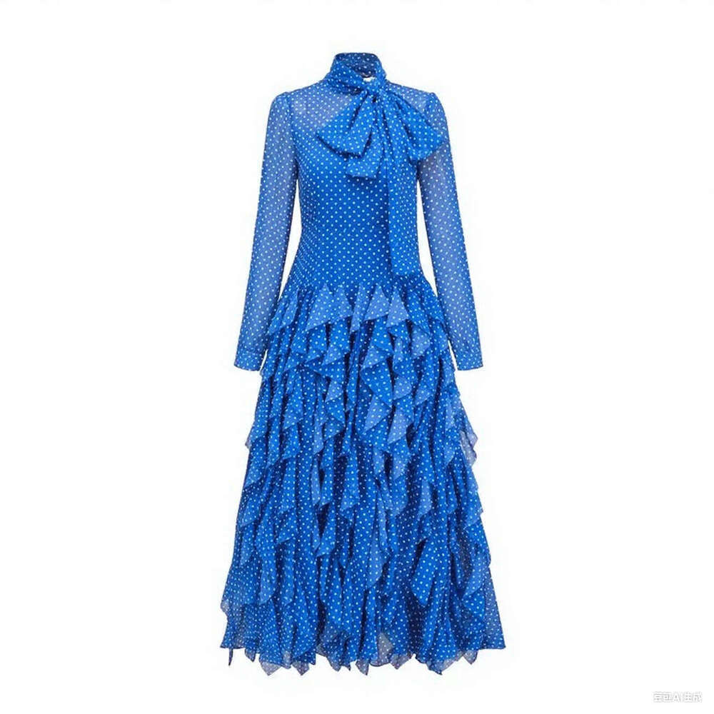2026 early autumn European and American niche goddess fairy style polka dot ruffled satin ribbon tie fluffy long skirt