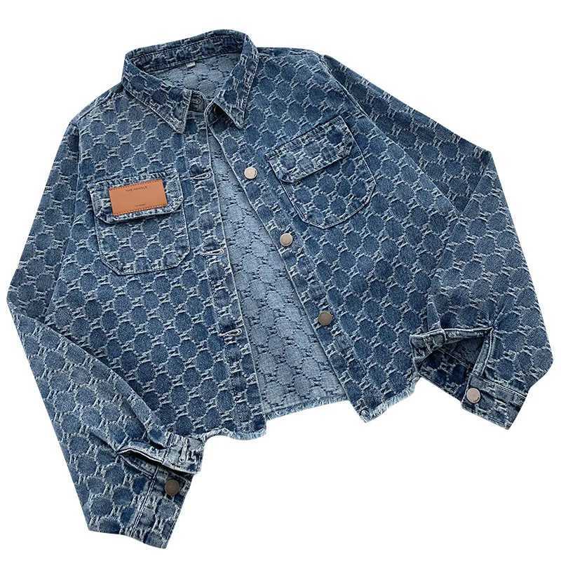 Women's Monogram Jacquard Denim Jacket, Cropped Frayed Hem Leather Patch Trucker CoatT260226