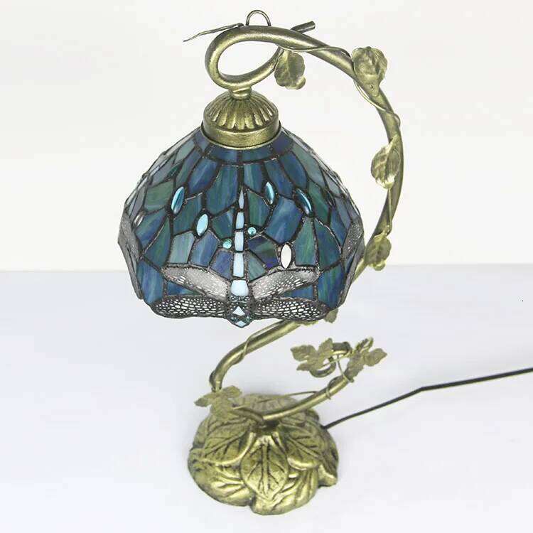 8Inch Desk Banker Stained Glass Bedside Table Lamp Blue Dragonfly Style Metal Leaf Thin Base 21Inch Tal H260225